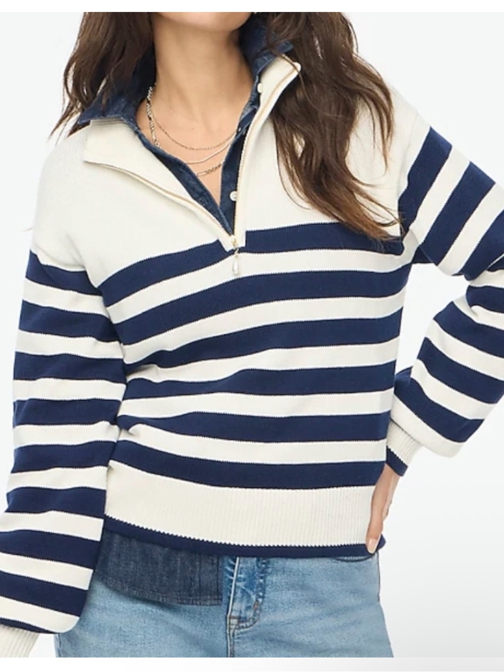 J. Crew factory Striped half-zip sweater with pearl zipper - Ivory with Navy